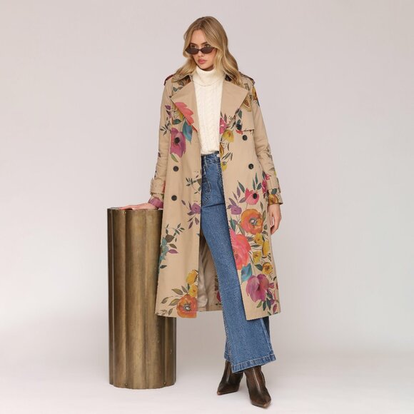 New Avec Les Filles Floral Cotton Blend Trench Coat Tan XS $178 - Picture 1 of 6